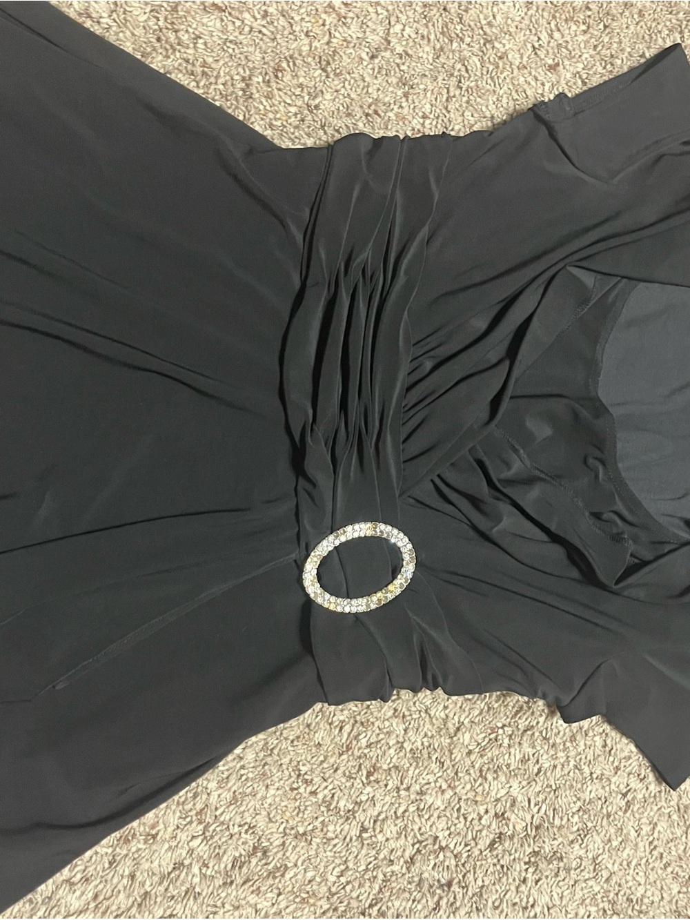 R & M Richards Black Evening Top with Rhinestone Oval Accent